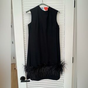Vintage Elegant Black Feather Trim Dress